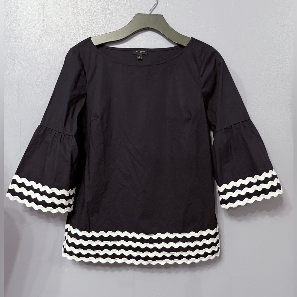 #12)  Talbots Navy-blue and White zigzag detail blouse